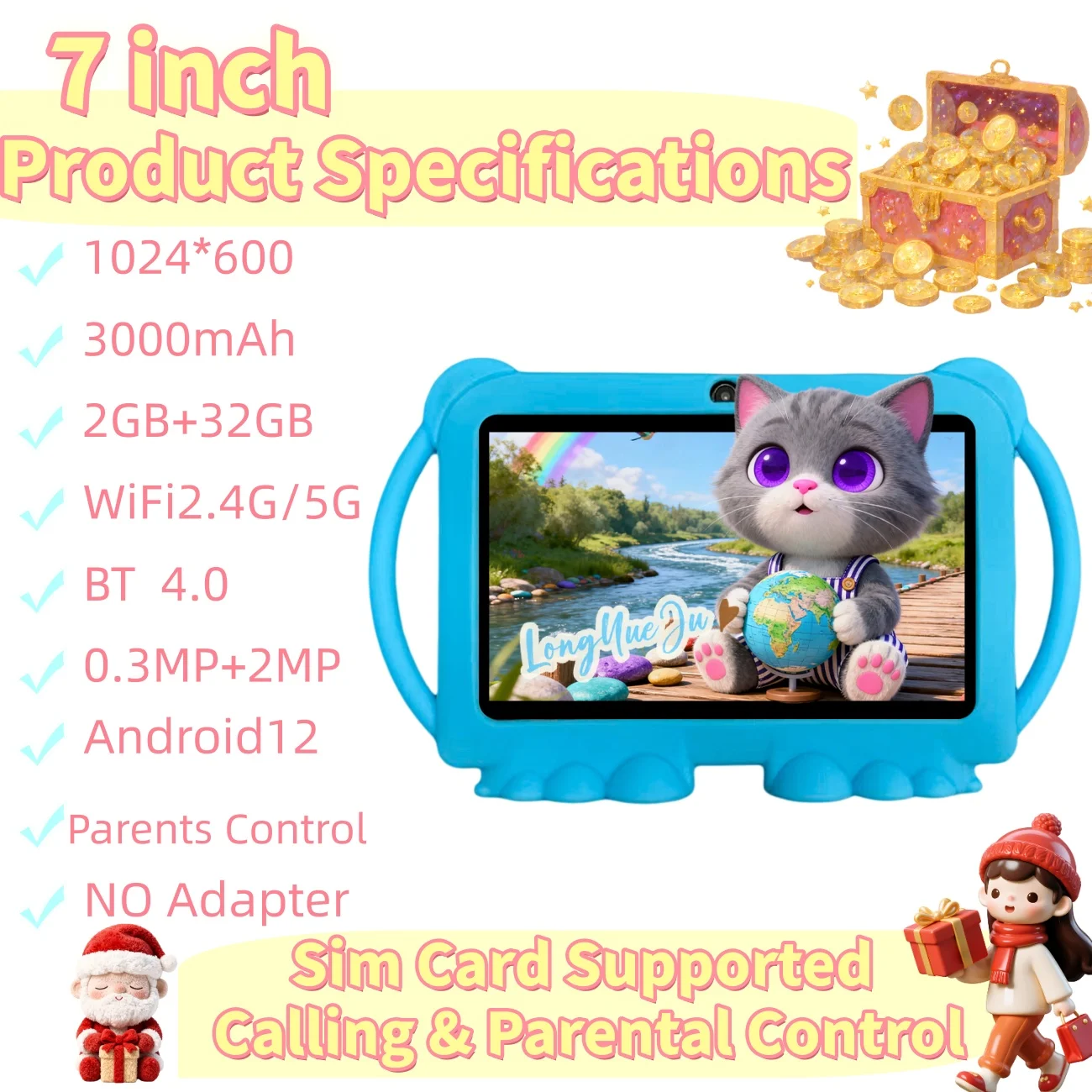 Tablet Android educativo da 7 pollici, 2 GB + 32 GB, doppia fotocamera, schermo HD, controllo parentale, custodia in silicone per cartoni animati, regalo, blu/rosa