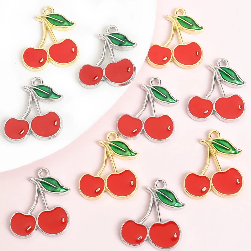 10pcs Summer Vibrant Red Cherry Enamel Drip Oil Charms, Fruit Pendant for DIY Fashion Necklace Bracelet Earrings Bag Accessories