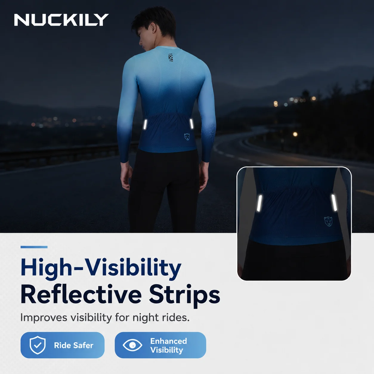 NUCKILY Men Long Sleeve Cycling Jersey Cooling Quick Dry Breathable Road MTB Bike Shirt YKK Zip Rear Pockets Anti Slip Hem view 5