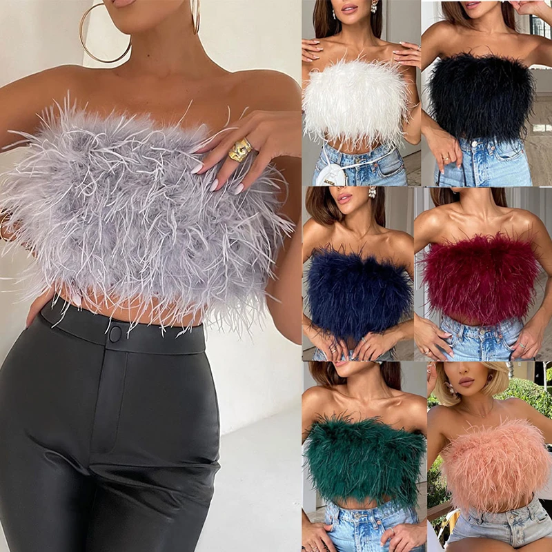 Faux Fur Plush Tube Shape Women Short Top Crop Sleeveless Sexy Tops Fashion Fluffy Strapless Zipper Tank Top Night Party Wearing