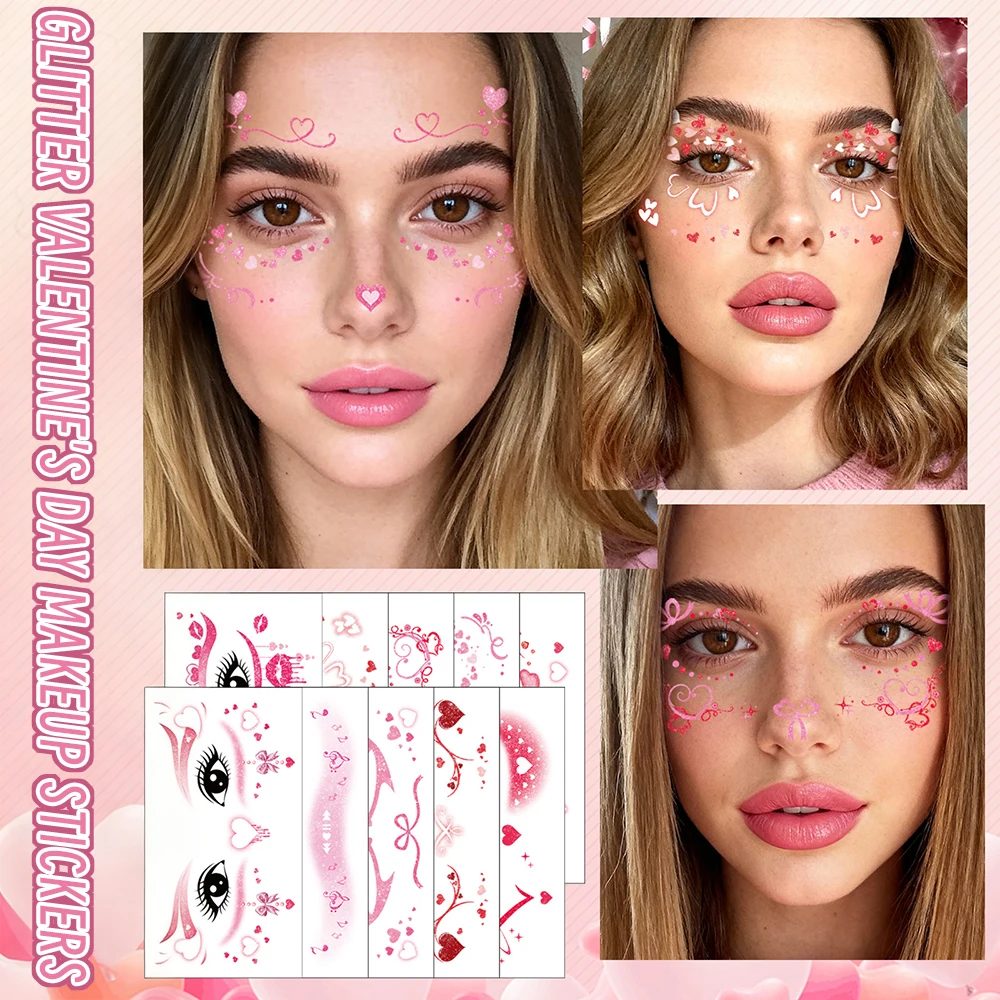 

10pcs Pink Glitter Ribbon Bow Temporary Tattoo Stickers Pink Heart Cute Eye Tattoo Stickers Blush Makeup Tattoo Decals For Party