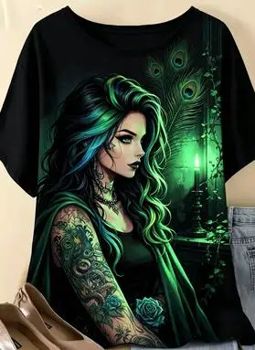 Women Gothic Punk Tattoo Girl Neon Skull Snake Print T‑Shirt Short Sleeve Crew Neck Black Casual Loose Summer Tops