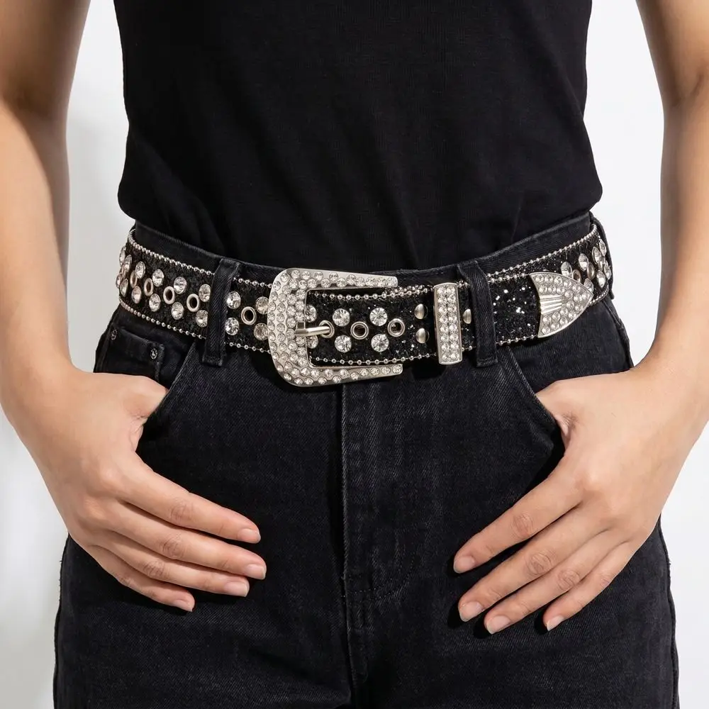 Retro PU Leather Rhinestone Belts Spicy Girl Blingbling Rivet Belt Hollow Silver Women Waistband Women