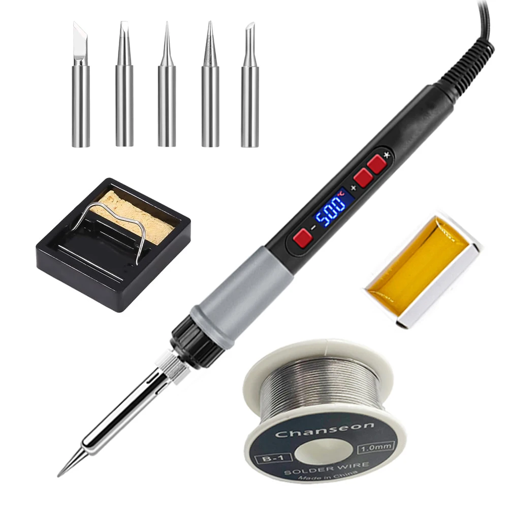 EU Plug 220V 60W Soldering Iron Kit Digital Display Electric Gun Adjustable Temperature Welding Solder Wire 5pcs Tips Rosin