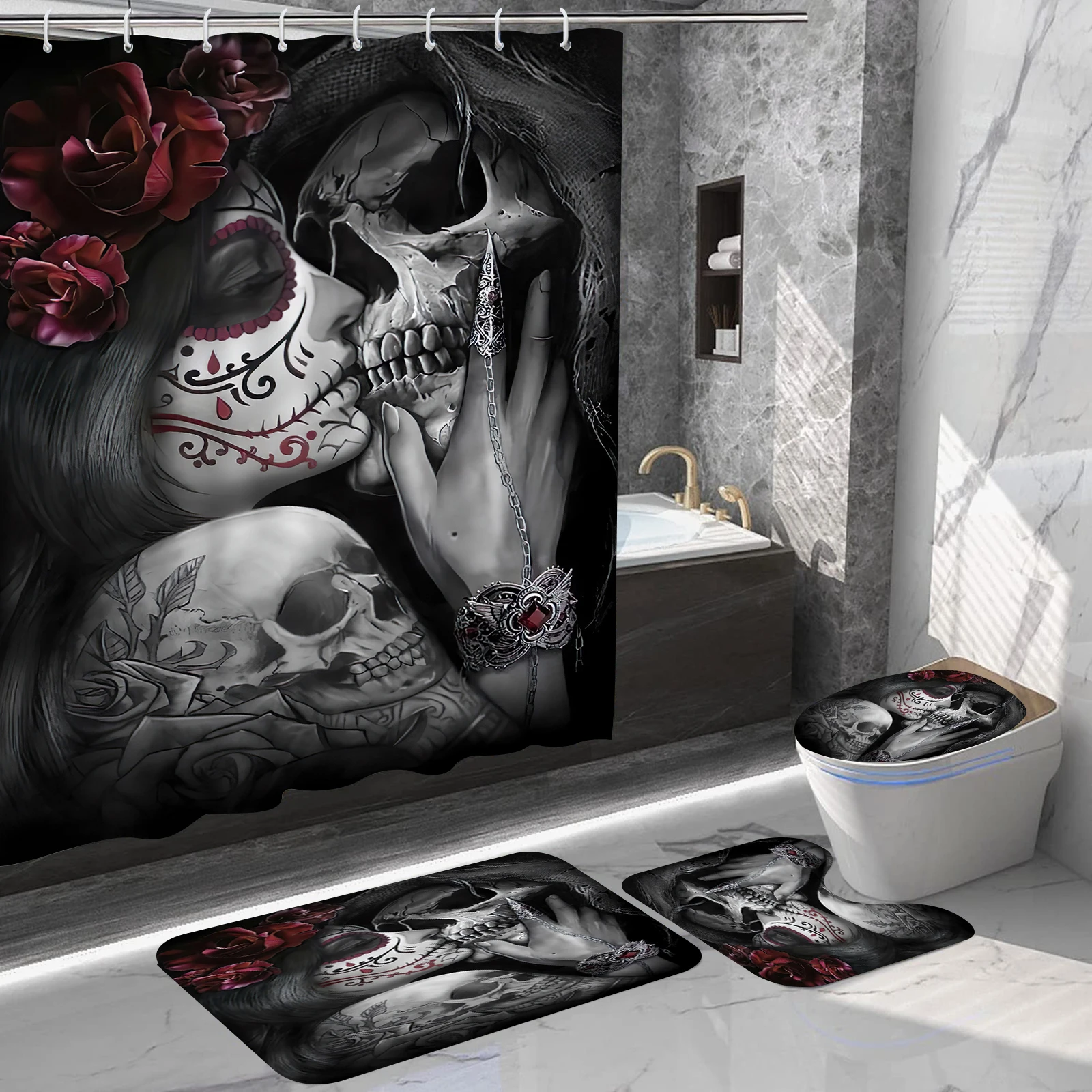 Halloween Skull Couple Printed Shower Curtain Set, Soft Fabric, Non-Slip Bathroom Mat, Modern Waterproof Trim, 12 Plastic Hooks