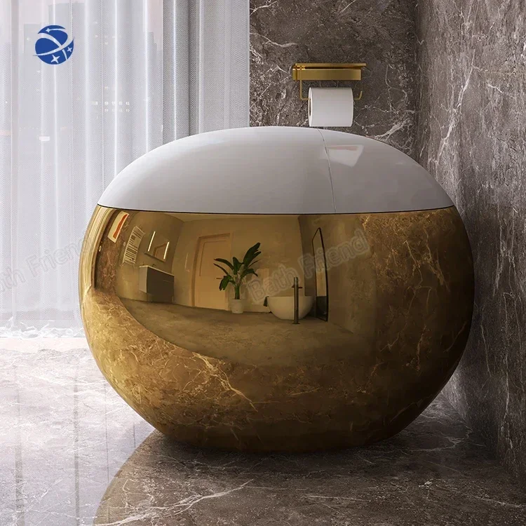 Original brand new！Fully Golden electroplating egg shape WC white seat cover gold button one piece golden toilet