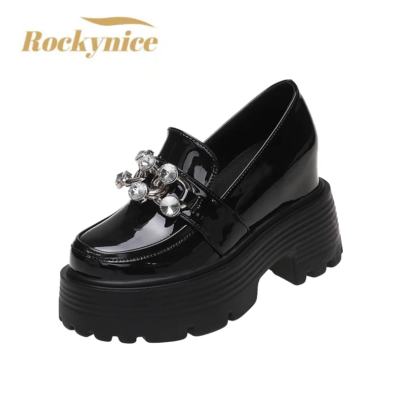 New Autumn 10CM Heels Leather Chunky Shoes 2022 Women Diamonds High Platform Sneakers Black Tennis Female Vulcanized Shoes Woman