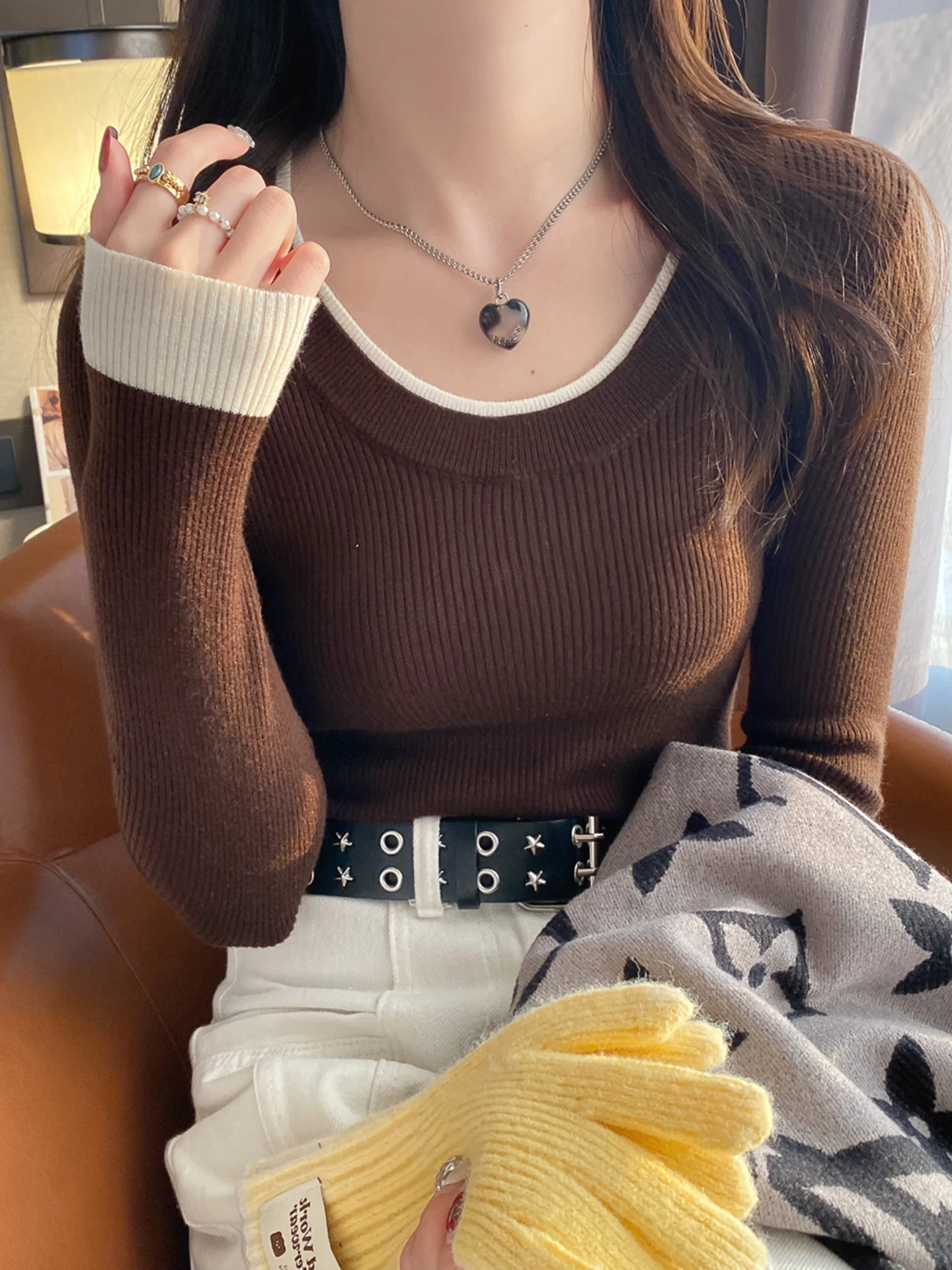 

Slim Fit Knitted Base irt Women's Faion Inner Wear Contrast Color Brand Tag Removed Sli Autumn Winter Slimming Top