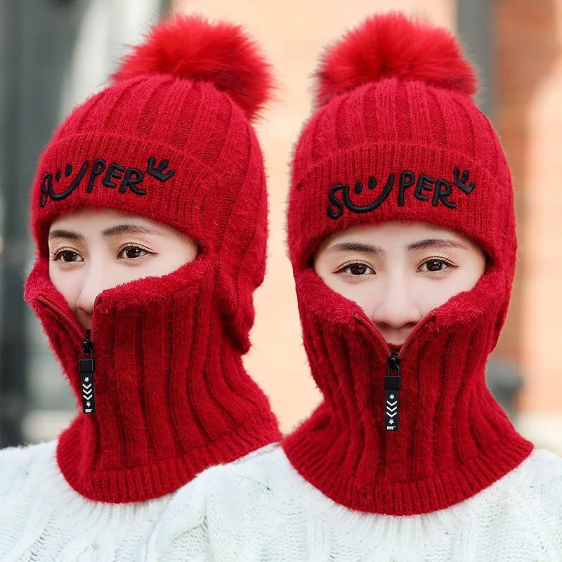 Warm beanie cap Winter adult women casual knitted hat Neck warmer Mask balaclava with zipper Cycling skullies ski skullcap