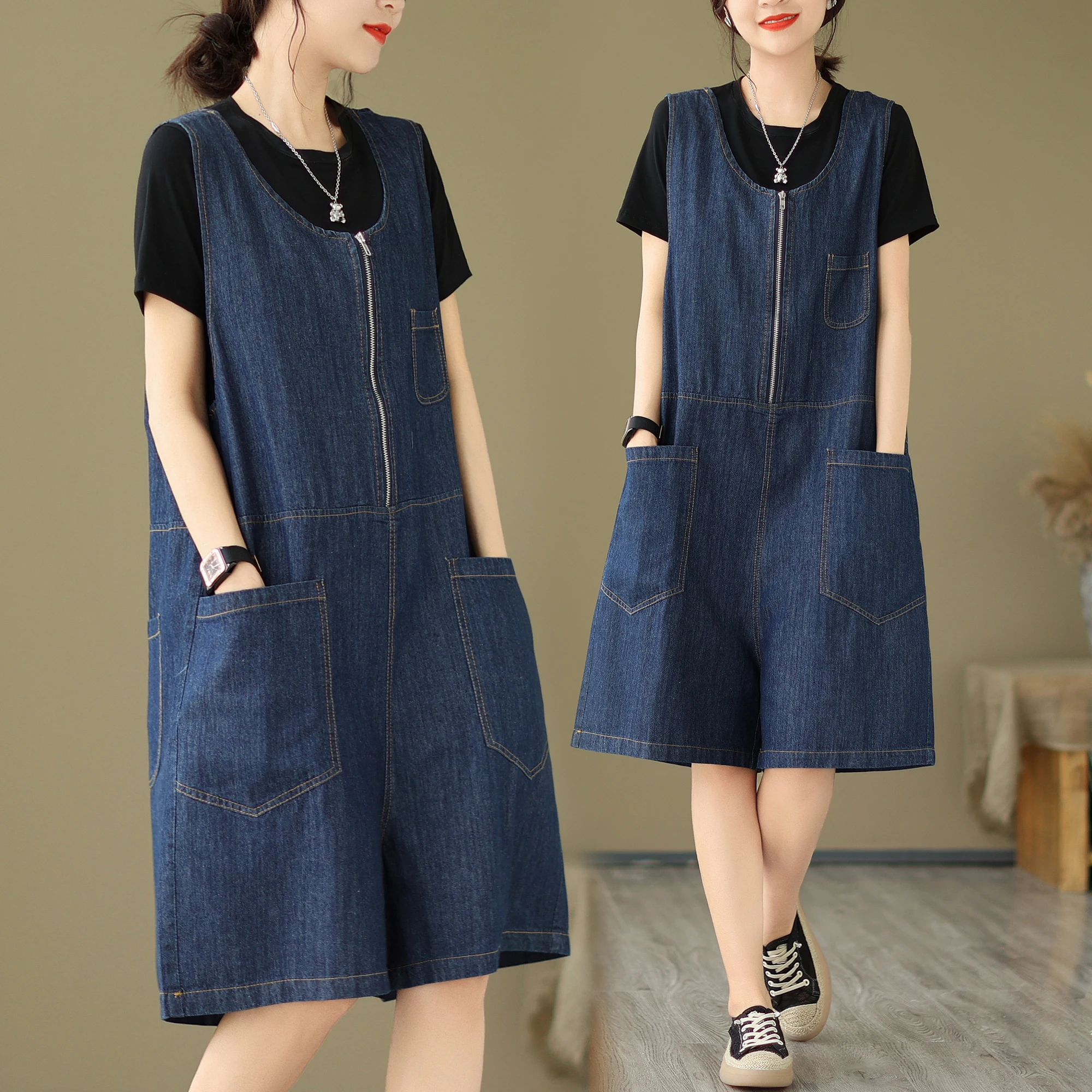 

Retro Workwear Denim Onesie Women's Summer New Loose plus Size Overalls Casual Wide Leg orts Trendy Deep Blue l Waist