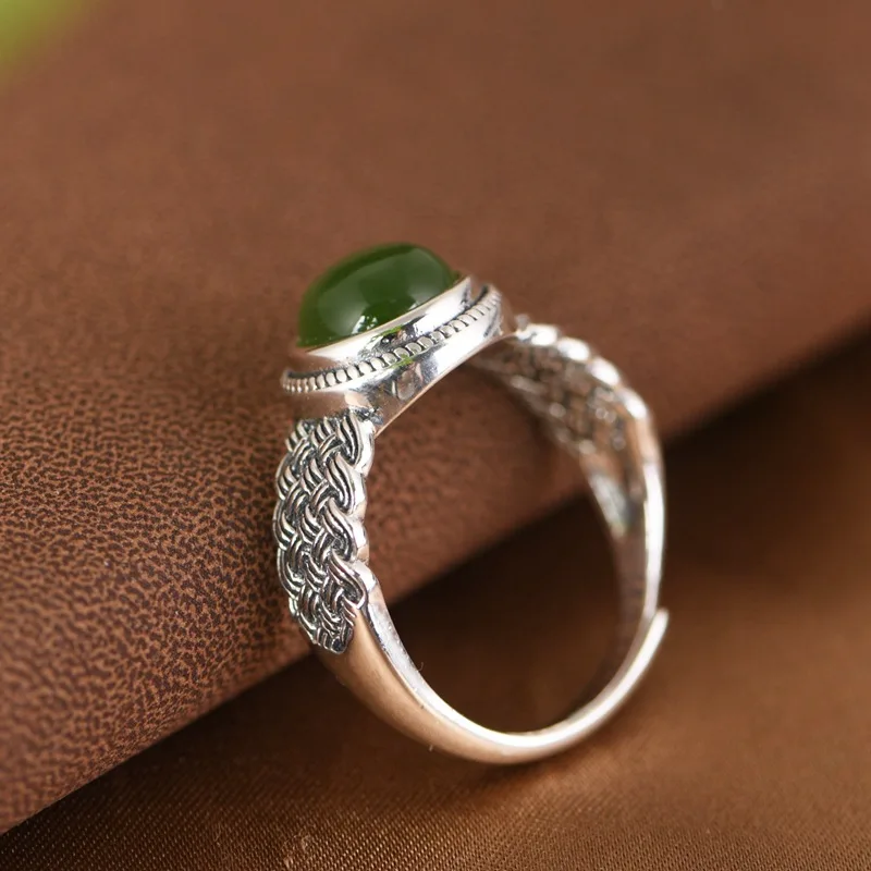 MAYONES S925 Silver Ring Women's Elegant and Elegant Weaving Pattern Egg Faced Jade Adjustable Ring 2024 Trendy Gift