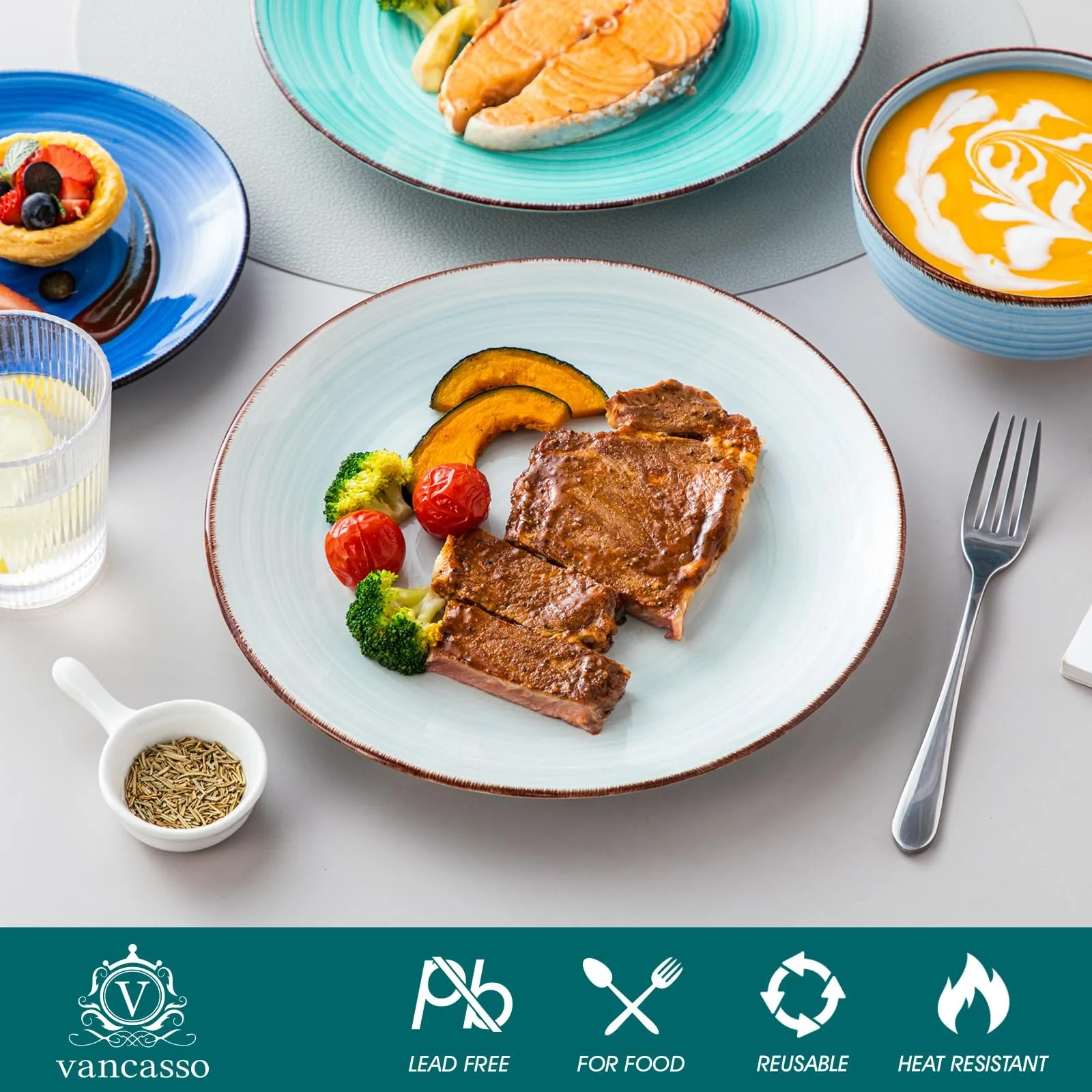 طقم أدوات مائدة سيراميك طقم أواني طعام أنيق مكون من 12 قطعة من الخزف الحجري الأزرق لـ 4 تصميمات حديثة مرسومة يدويًا #4