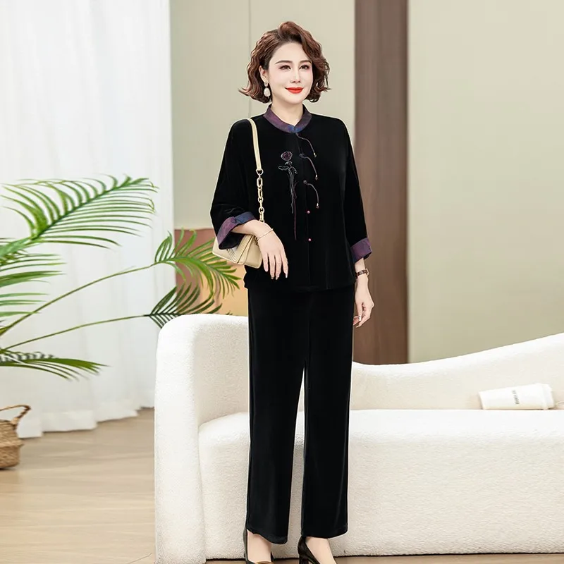 어머니 용수철 골드 벨벳 운동복 세트, 라지 사이즈 빈티지 에스닉 스타일, 중년 여성 스포츠웨어 슈트, 가을 신상, 2PCs