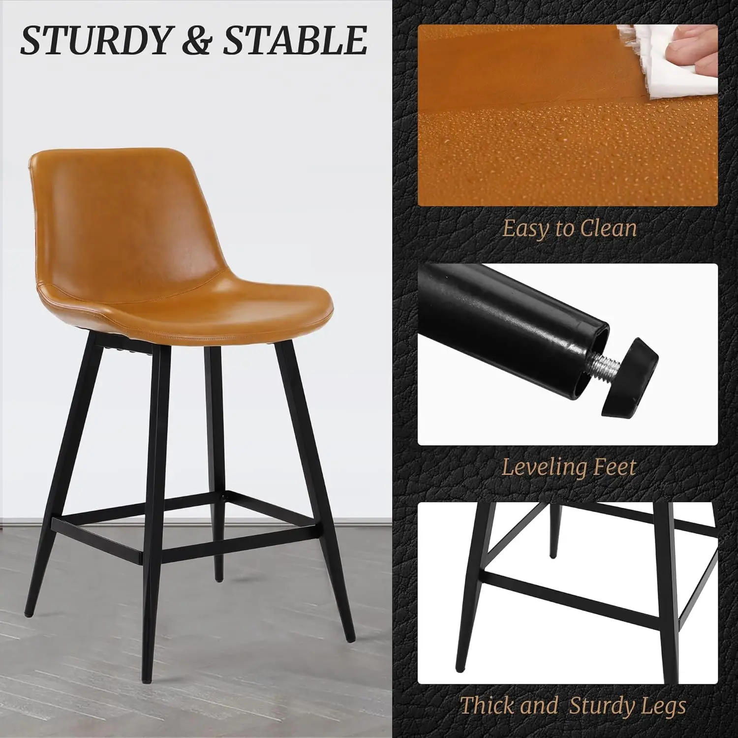 Faux Leather Bar Stools para cozinha, Counter Stool, Modern Bucket Barstool conjunto de 3 barstools com costas e apoio para os pés, está disponível em 24 polegadas