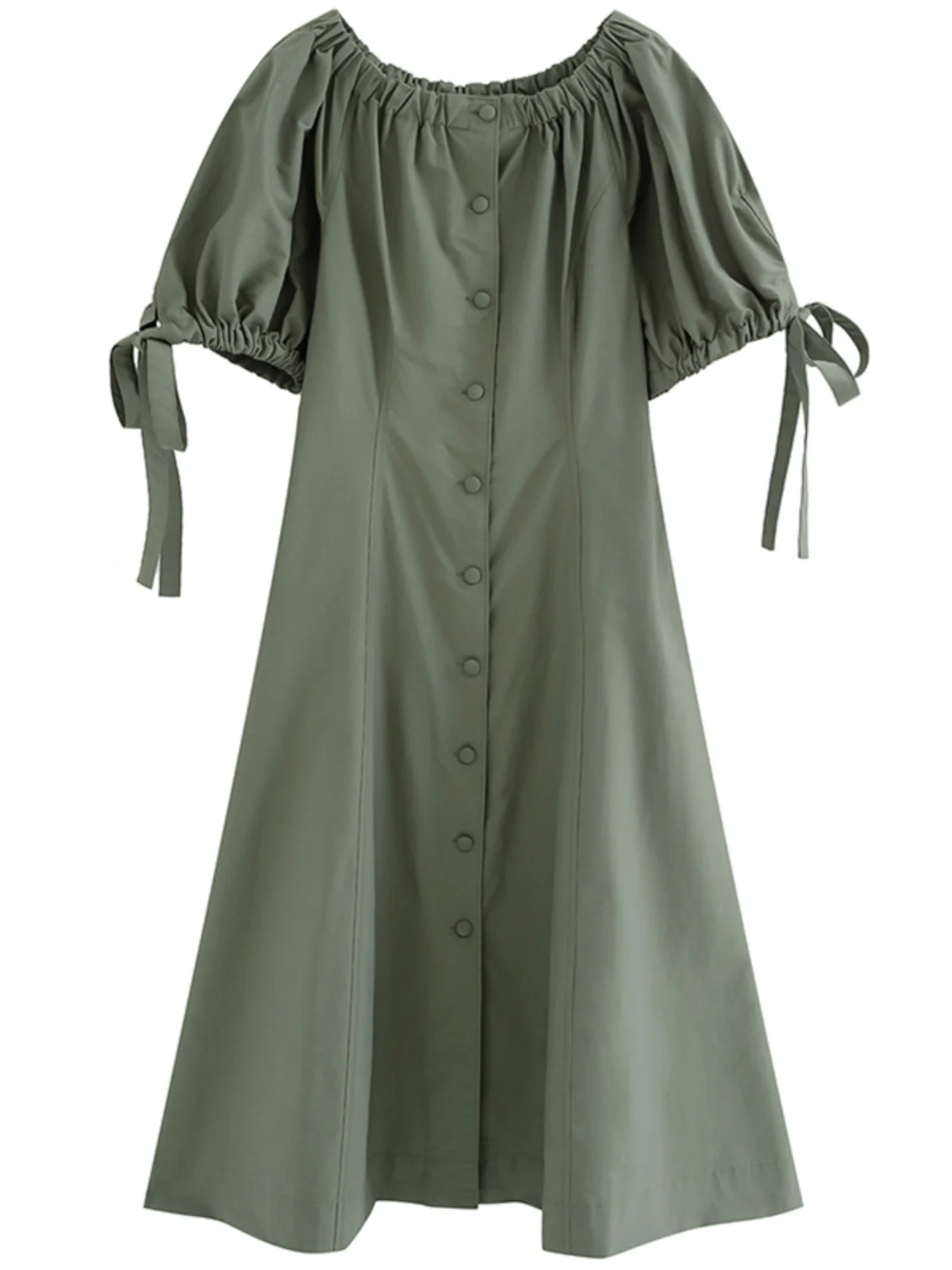 

oulder Bared Two-Way Wear Cotton Midi Dr Khaki een Pure Cotton mid Waist Long Sve Dr Sweet Sle Casual Scene