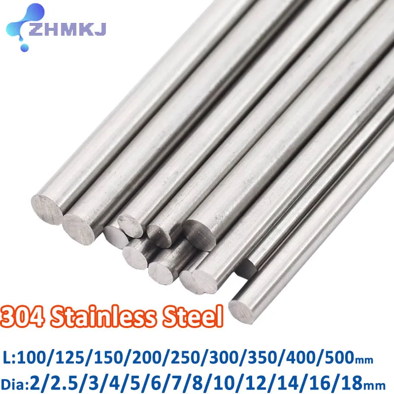 

304 Stainless Steel Rod Solid Shaft Round Rod Dia 2 2.5 3 4 5 6 7 8 10 12 14 16 18mm Long 100 125 150 200 250 300 350 400 500mm