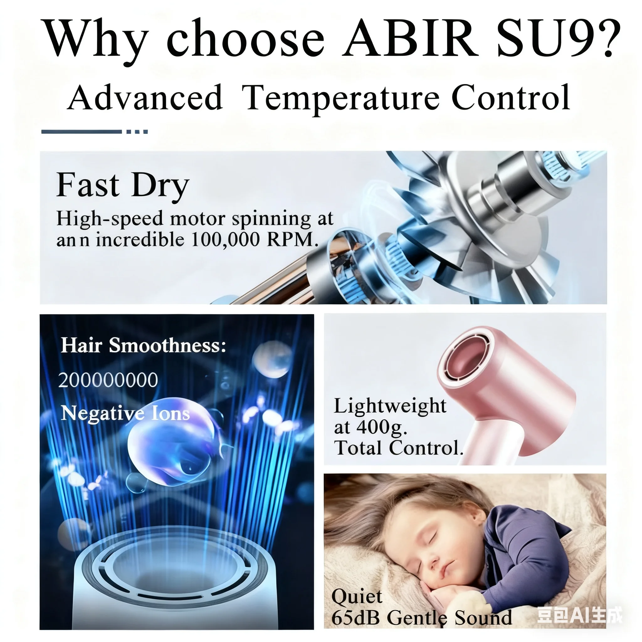 ABIR Hair Dryer ,High Speed,Smart Temperature Control,Magnetic Nozzle,Low Noise,Professional Hair Care Quick Dry Negative Ions