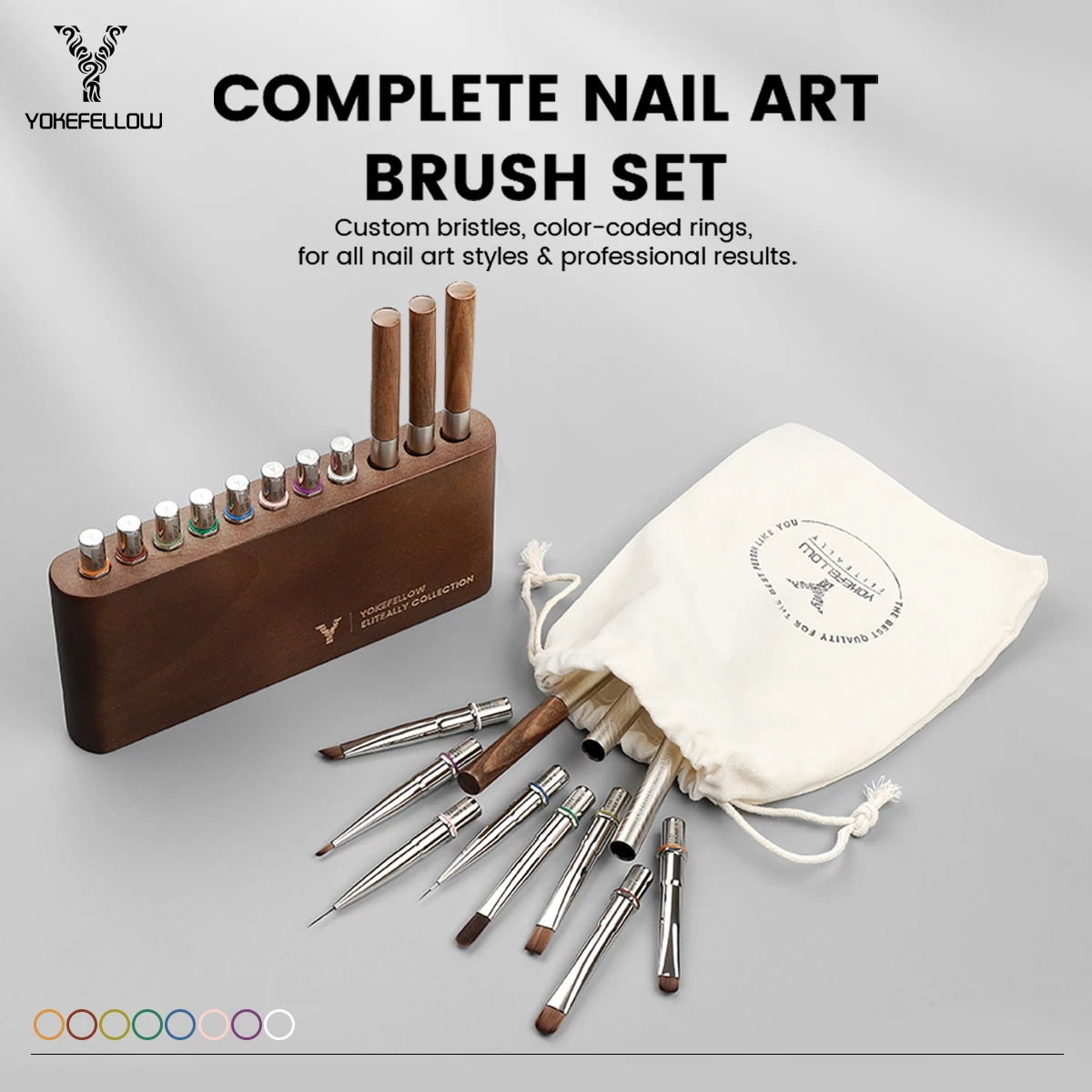 YOKEFELLOW Nail Art Brushes French Tip Brush Liner Brushes 8pcs Nail Art Tool Set with Brush Holder for Gel Polish Design Supply