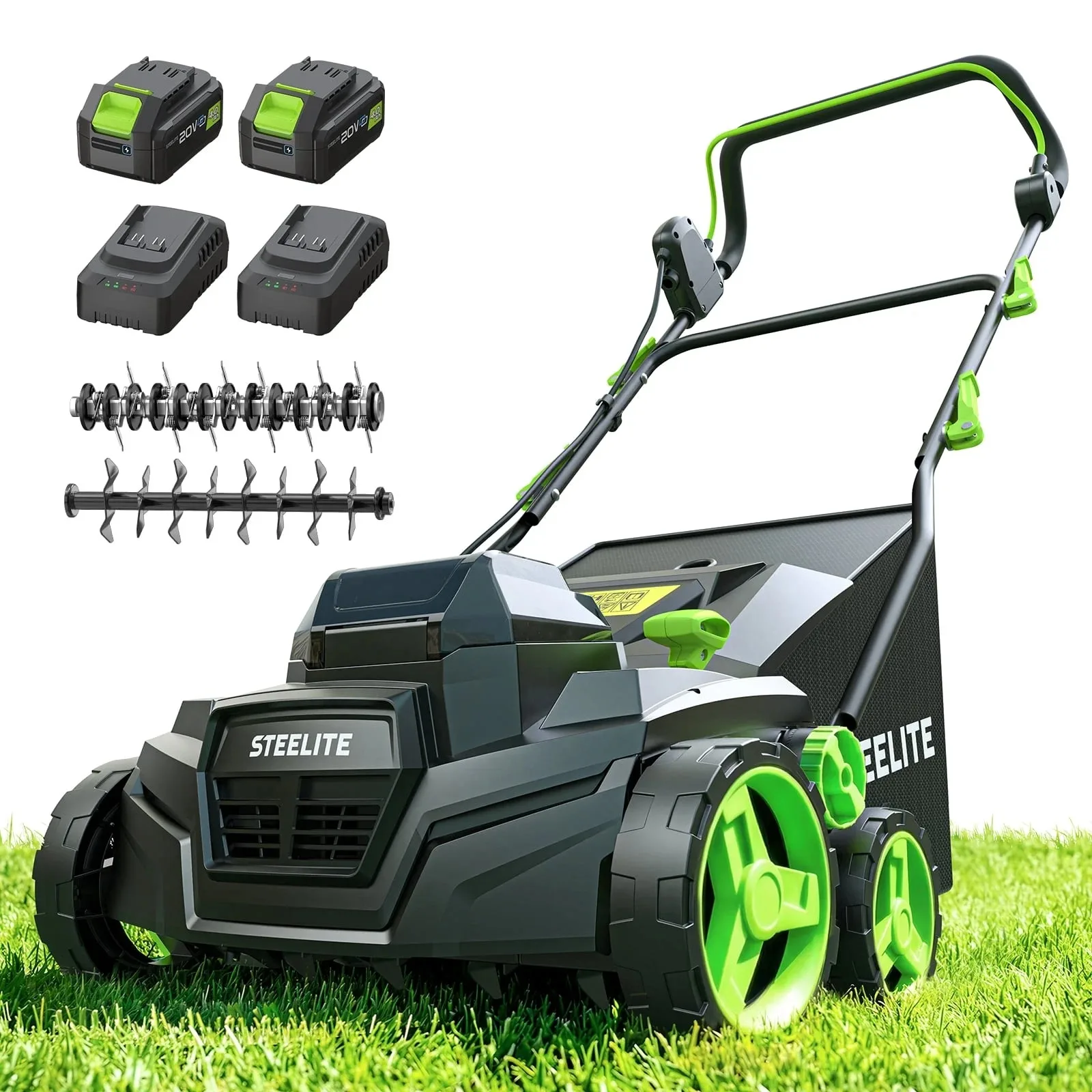 Deli 15 Inch Cordless Dethatcher Scarifier 2x21V Brushless 2-in-1 with 2 4.0Ah Batteries and 12 Gallon Collection Bag
