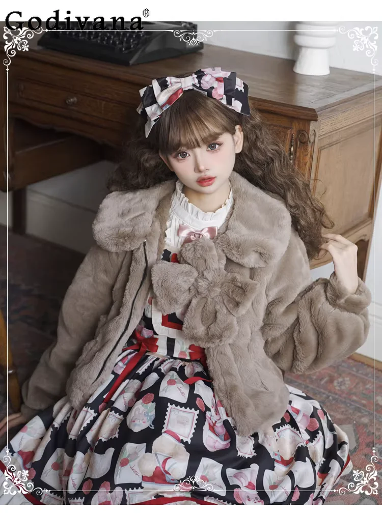

Winter New Lolita Versatile Peter Pan Collar Plush Warm Coat Fashion Loose Solid Color Sweet Girl Bow Age Reduction Short Coats