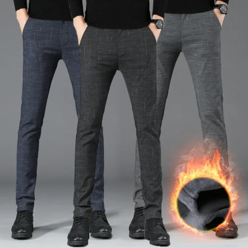 2024Winter Fleece Thermal Casual Pants Men's Clothes Thickened Business Straight Slim Male Pants Stretch Youth Fashion Trousers