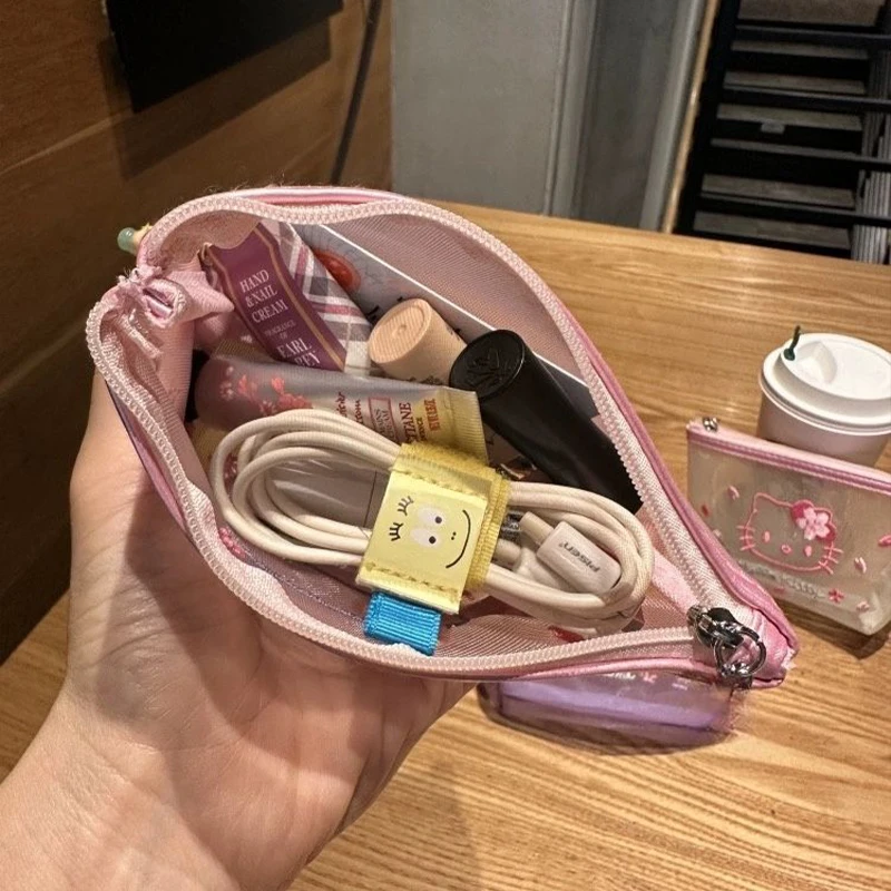 Sanrio Cherry Blossom Series Mesh Storage Bag Cartoon Hello Kitty Embroidered Cosmetic Coin Card Handbag Transparent Wash Bag