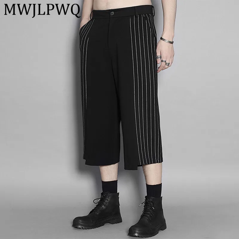 MWJLPWQ Spring Summer Darkwear Vertical Stripe Patchwork Drapey Cropped Pants Men Casual Straight Wide-Leg Shorts Trendy 16717