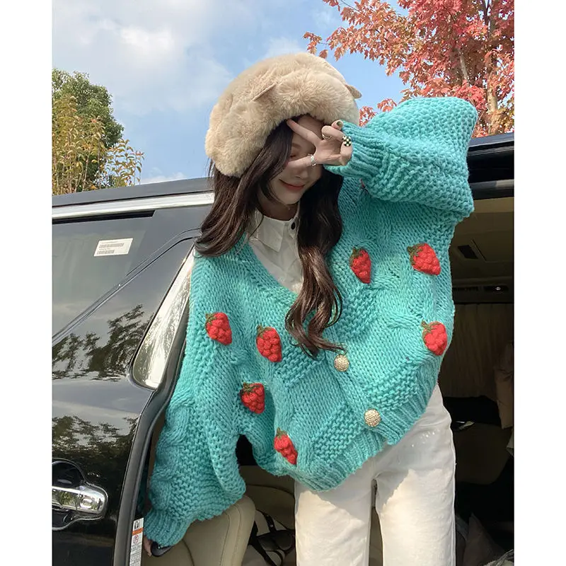 Women Harajuku Strawberry Loose Cardigan Sweater Fall Fashion Long Sleeve Korean Tops Chic Female Preppy Style Y2k Sweater