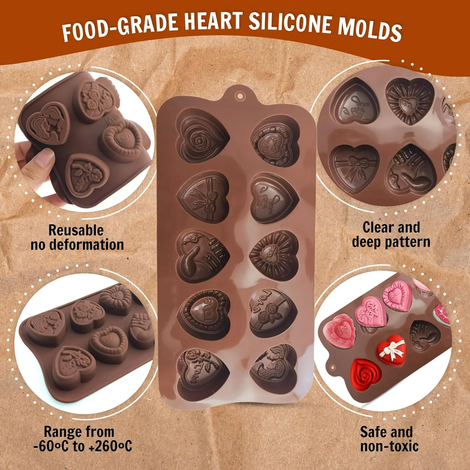 Heart Chocolate Molds 10-Design Love Rose Silicone Molds Non-Stick Baking Molds for DIY Chocolate, Candy, Gummy, Ice Cubes 5