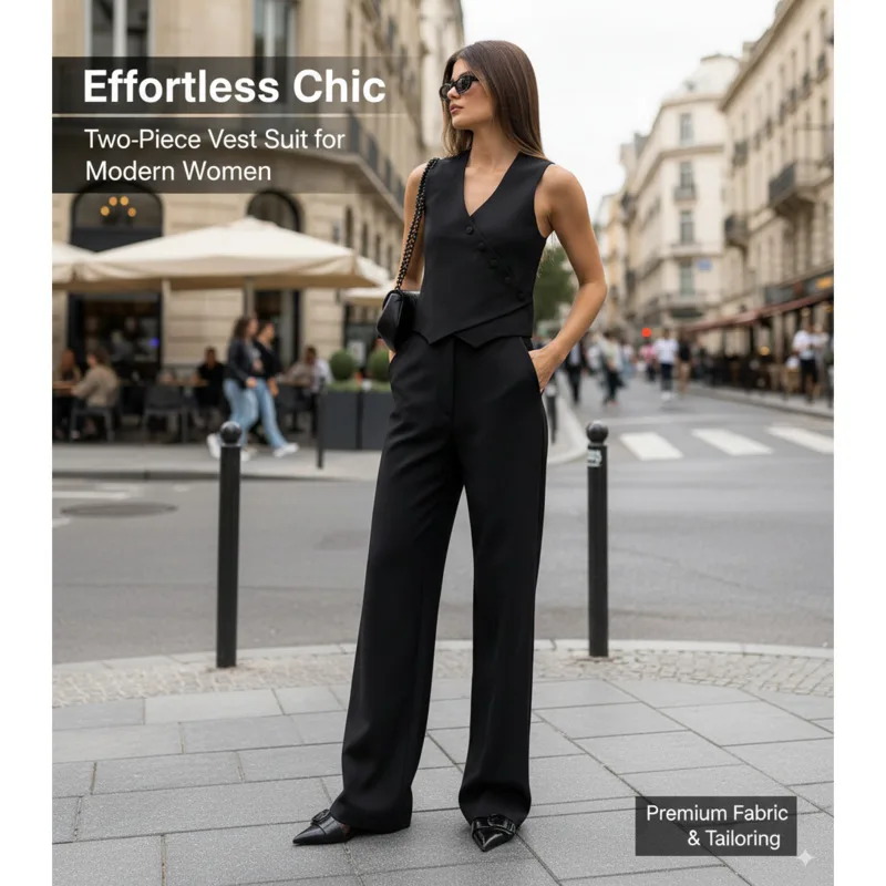 

Elegant Cotton Linen Two Piece Set For Women Autumn Casual Style Sleeveless Waistcoat With High Waist Straight Pants Ensemble