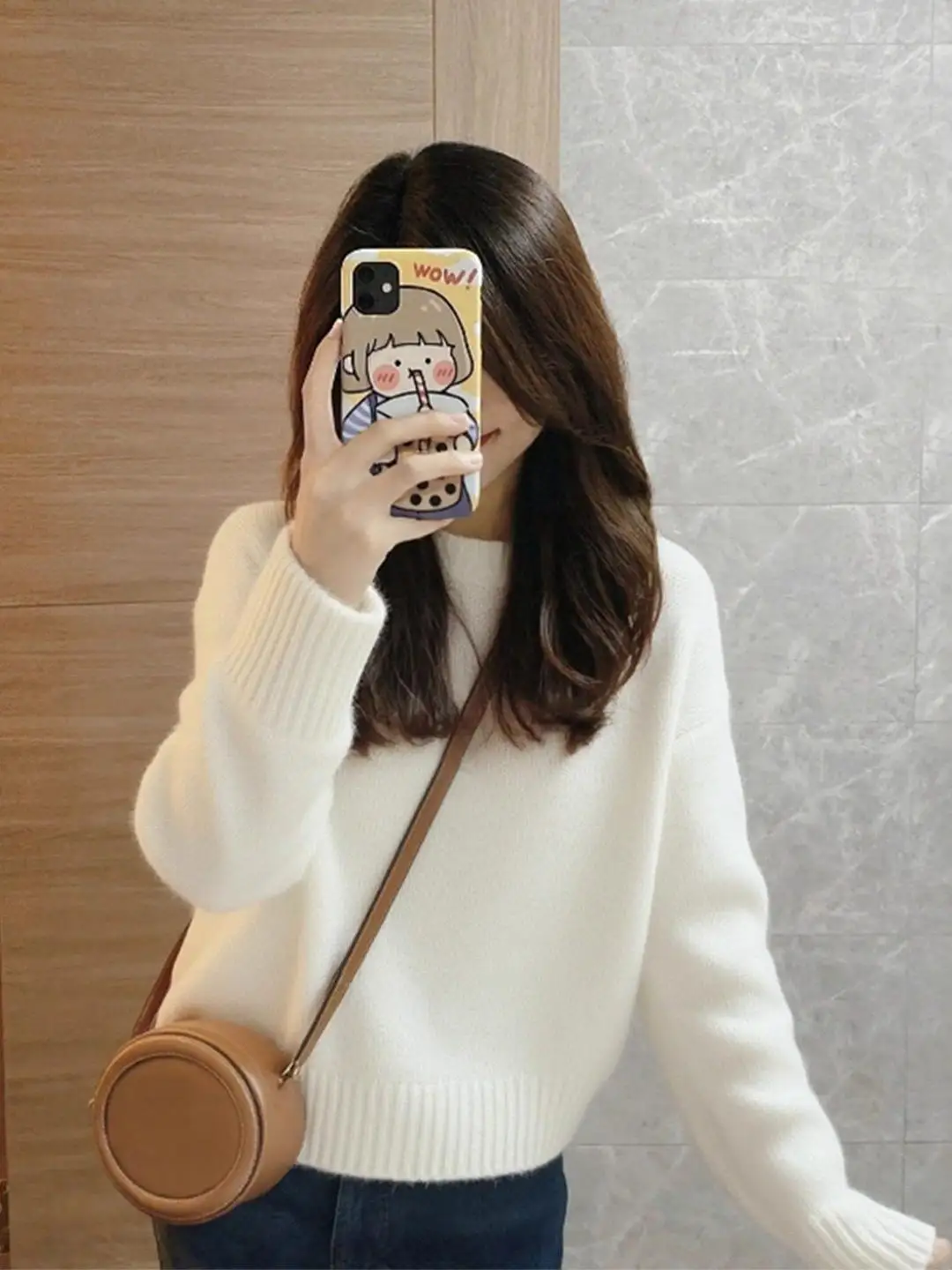 

Women's White round Neck Pullover Sweater Loose Lazy Style Soft Cozy Knitted Top Autumn Winter Small Size Inner Wear Base Shirt