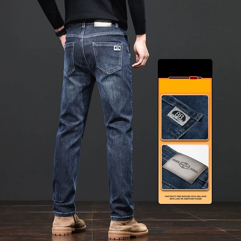 Mannen Herfst Winter Business Casual Geborduurde Jeans Mannelijke Slim Fit Stretch Denim Broek Met Rechte Pijpen Mode Haze Blauwe Broek