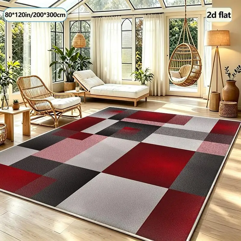 Modern Red, Black, and Gray Patchwork Carpet, Washable Carpet, Non-Slip Indoor Living Room, Bedroom, Home Decor Mat
