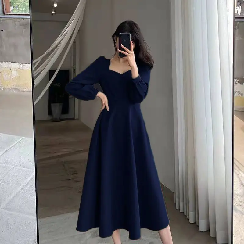 Hepburn Style Women Spring Autumn Now Vintage V-Neck Over the Knee Long Dress Temperament Lantern Sleeve Corset Elegant Dress