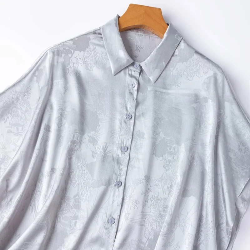 Birdtree, 93% Real Silk Blouse, Lapel Neck Batwing Sleeve Tops, Women Floral-luo Jacquard Satin Shirt, 2026 Summer New T66018JF