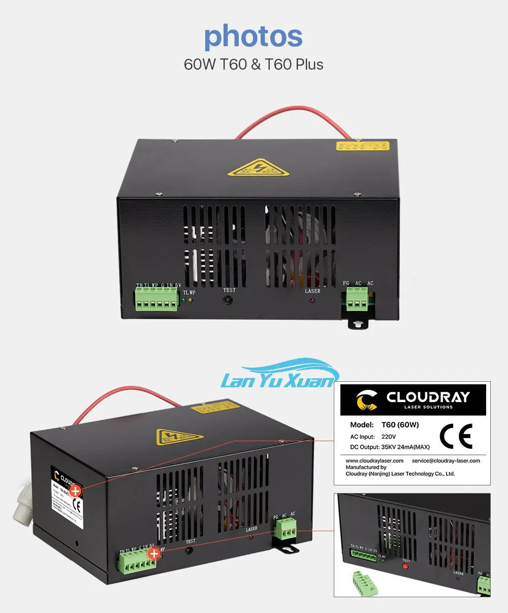 

Cloudray 60W CO2 Laser Power Supply for Engraving Cutting Machine HY-T60 T / W Plus Series with Long Warranty