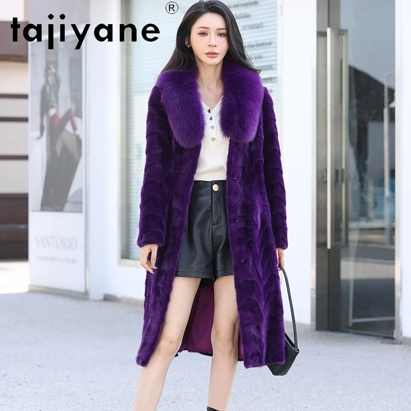 TAJIYANE Natural Pieced Mink Fur Jacket Woman Purple Long Real Mink Fur Coat with Fox Fur Collar Winter Women Clothing 2025 шуба