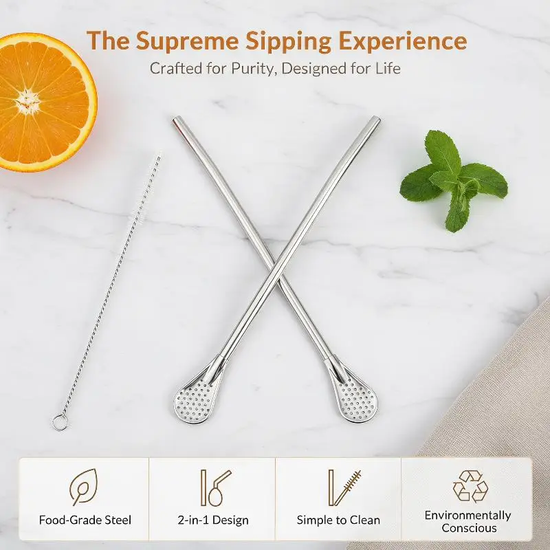Reusable Stainless Steel Yerba Mate Straws Heat Resistant Tip for Loose Leaf Tea Cold Brew Coffee Outdoor Picnic Use