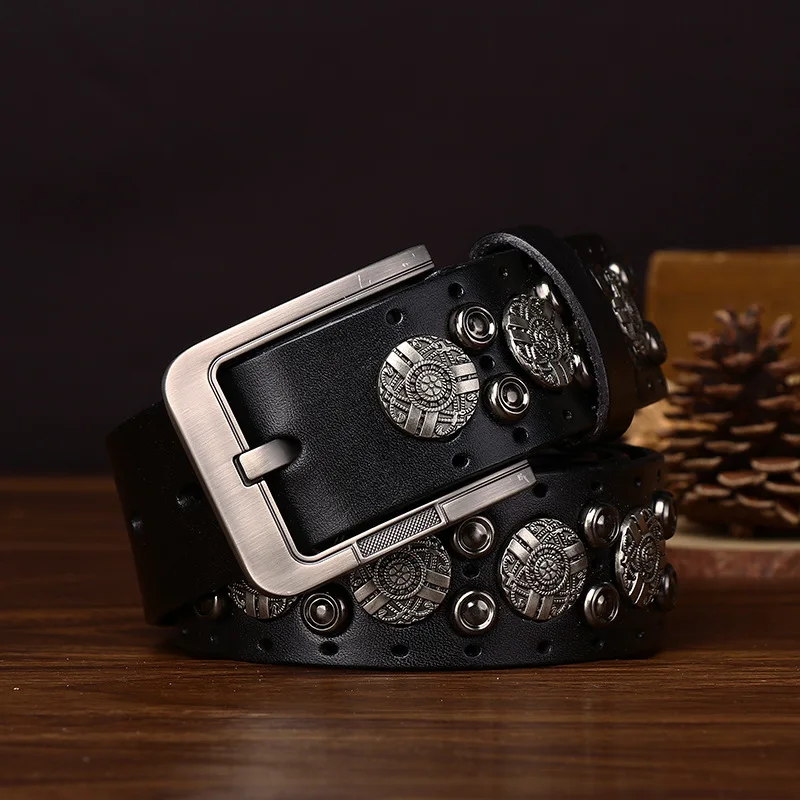 Hip Hop Metal Round Rivet Cowboy Belt Genuine Leather Cowskin Men Belt Punk Big Rivet Jeans Studded Belts For Men Ceinture Homme