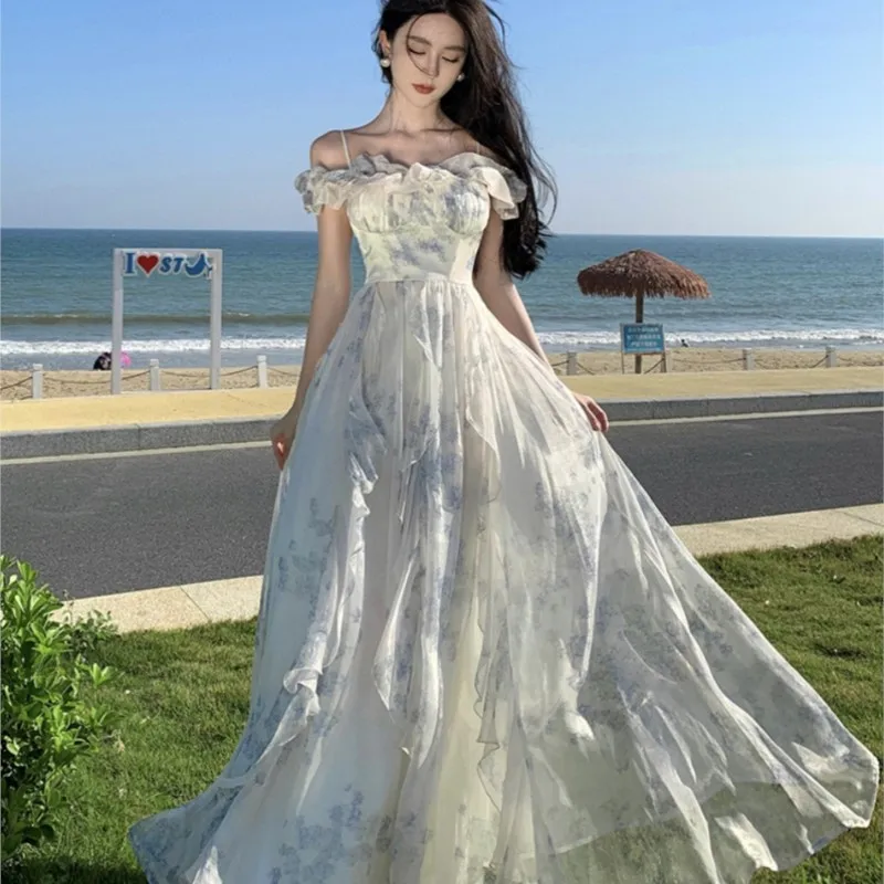 

Travel Photography Beach Dress Elegant Ruffle Strap Seaside Holiday Swing Fairy Long Skirt