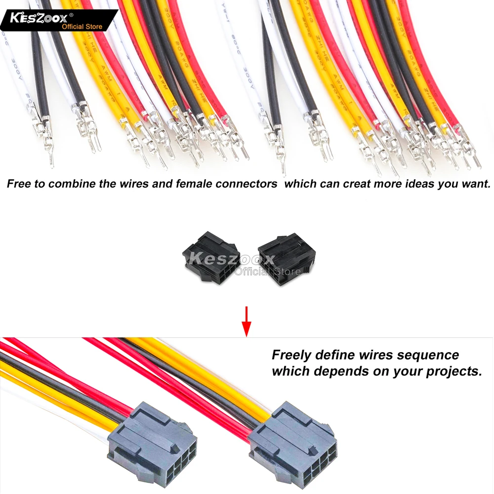 Molex 3.0mm Connector Socket Kit by Keszoox, 43025/43020-0800 Series, Male & Female, 2 Sets, 8 Pole, 210mm Pre-Crimped Wires