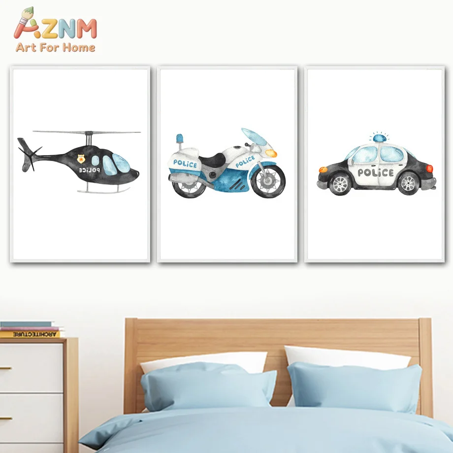 AZNM Cute Police Car Helicopter Motorcycle Canvas Wall Art, Watercolor Emergency Vehicle Print, Frameless Kids Room Nursery Deco