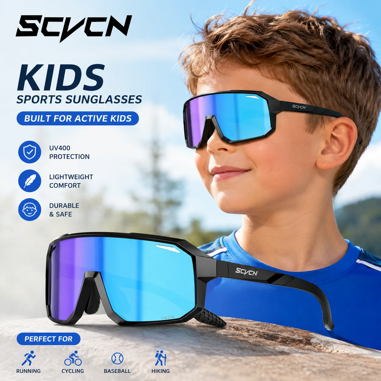 SCVCN Kinder-Baseball-Sonnenbrille, Sport- und Fahrradbrille für Kinder, UV400, Jungen und Mädchen, kleine Größe, Baseball