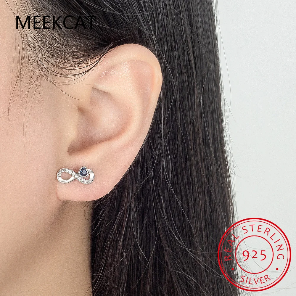 Heart Created Blue Sapphire 925 Sterling Silver Infinity Love Stud Earring Brincos for Women Gemstone Fine Jewelry Birthday Gift