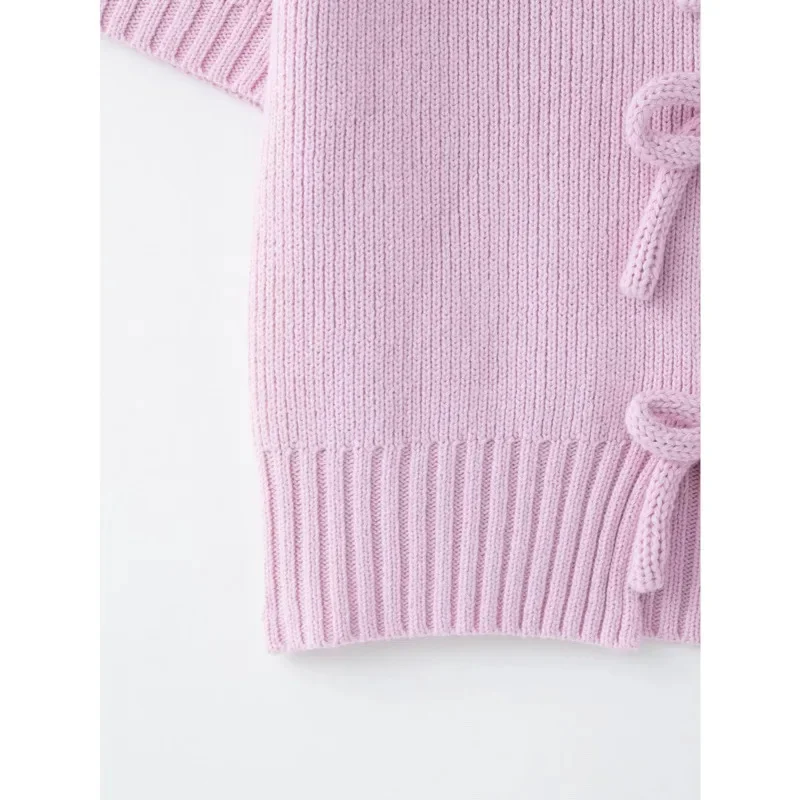 Cute Knitted Tops Bow-lace-up Lapel Tops Fashion Turn Down Collar Hollow Cardigan Knitwear New Summer Holidays Sweet Casual Tops
