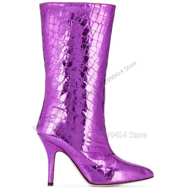 

Purple Crocodile Print Pointed Toe Patent Leather Boots Slip On Women Shoes Thin High Heels Novel Party 2023 Zapatos Para Mujere