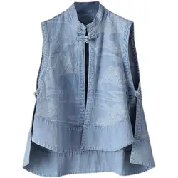 Ethnic Chinese Style Buckle Spring Summer Denim Vest Wearing A New Plus Size Cheongsam Blouse Sleeveless Cardigan Coat Female
