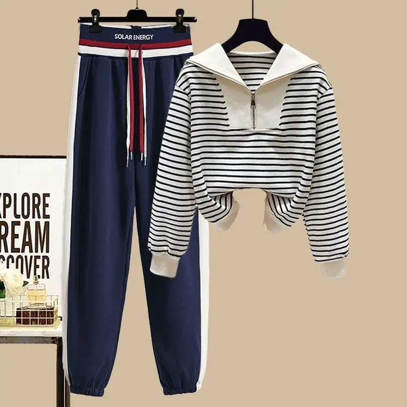 Spring Autumn Single/Outfits Women's New Fashion Design Sense Navy Collar Striped Sweater Slim Casual Pants Two Piece Set