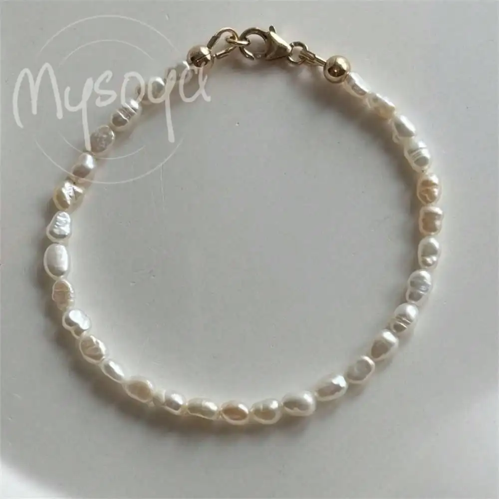 

MYSOYA White Baroque Rice-shaped Bracelet 3-4mm Pearls Gift Box Gift for Her Wedding Jewelry Christmas Birthday New Year Gift