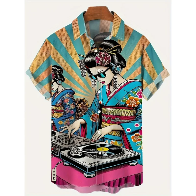 

2025New Men's Summer Casual Short Sleeve Shirt，Polyester100%，Turn-down Collar，Non-stretch Knitted Fabric，Printed Music Theme，Reg